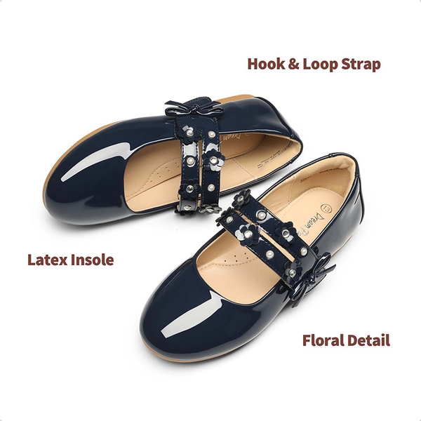 Girls Flower Pearls Bow Mary Jane Flats - NAVY - 4